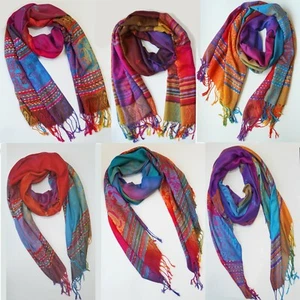 Women Rainbow Scarves Border Pashmina Long Cozy Shawl Silky Wraps Bohemian Scarf - Picture 1 of 16