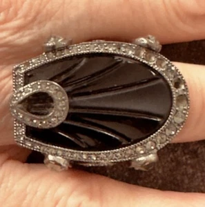 Authentischer Vintage Christian Dior Sylpkh Art Deco schwarzer Emaille Kristall Ring - Bild 1 von 5