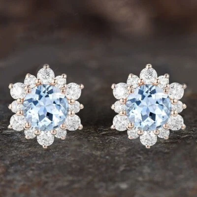 5.50ct Round Cut Natural Aquamarine & Diamond Stud Earring 14K Solid Yellow Gold - Image 1 of 4