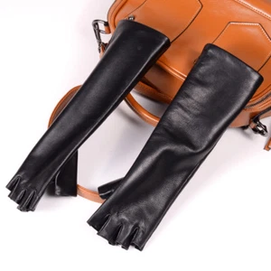 Women's Real Leather Semi-finger Fingerless Party Evening Opera/Long Gloves - Picture 1 of 9