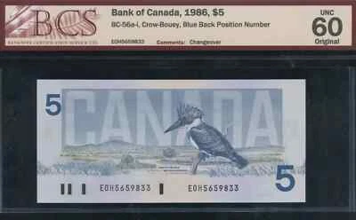 1986 Bank of Canada $5 - EOH Changeover - BC-56a-i. BCS UNC 60, original - Image 1 of 2
