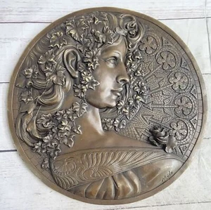 Art Nouveau Female Portrait Bronze Metal Hanging Wall Plate Plaque Signed Art - Picture 1 of 10