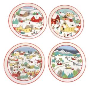"LOTE DE 4 PLATOS DE ENSALADA/POSTRE ESCENA DE INVIERNO VACACIONES AÑOS 80 D. H. HOLMES DE COLECCIÓN 7,5"" USADO EN EXCELENTE ESTADO" - Imagen 1 de 10