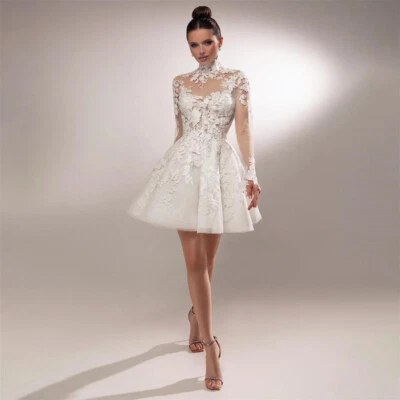 Elegant Mini Wedding Dresses Long Sleeves Lace Appliques Above Knee Bridal Gowns - Image 1 of 4