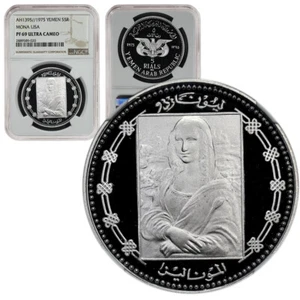 Yemen 5 Rials 1975 Plata NGC PF69 UC 'Mona Lisa' - Imagen 1 de 4