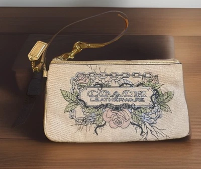 2000s Coach Leatherware Tattoo Floral Canvas Wristlet Clutch Pink Lining Gold Tr - Image 1 of 4