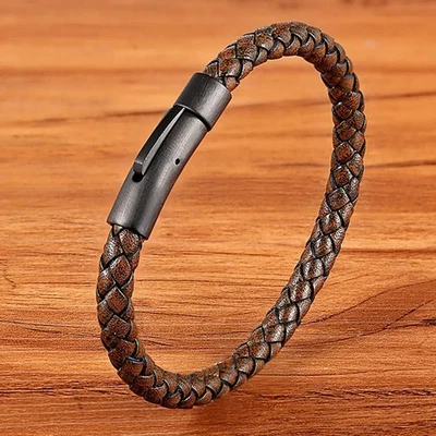 Pulsera de cuero correa negra botón de acero inoxidable tejido a mano para hombre 1 pieza Foto 1 de 4