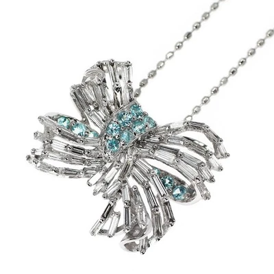 K18WG Paraiba Tourmaline Diamond Pendant Necklace 0.12ct D0.40ct Ribbon - Auth f - Image 1 of 4