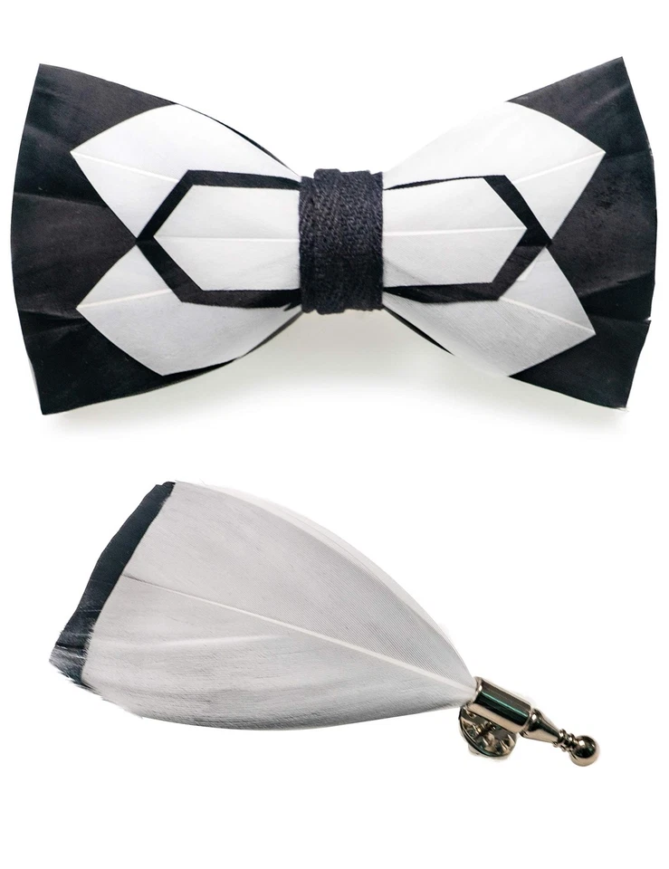 Juegos de pajarita y broche RBOCOTT hechos a mano de plumas preatadas para hombre Foto 1 de 4