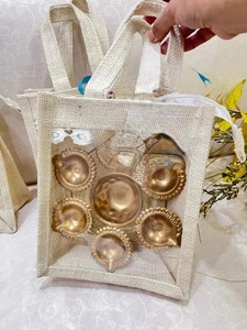 Brass Diya Urli Bowl Gifting with Jute Bag - Tea Lights or Diyas -Wedding Favors - Picture 1 of 4