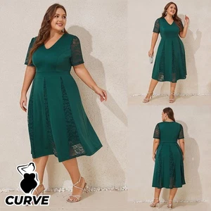 Curvy Women Lace Short Sleeve Midi Dress V Neck Patchwork Swing Dress Plus Size - Picture 1 of 13