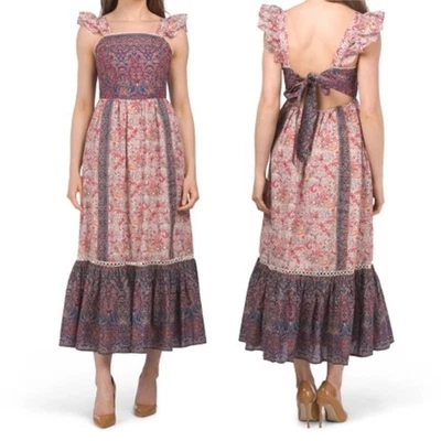 NWT Haute Hippie Tiered Maxi Dress Red Blue Floral Size 8 Prairie Boho Cowgirl - Image 1 of 4