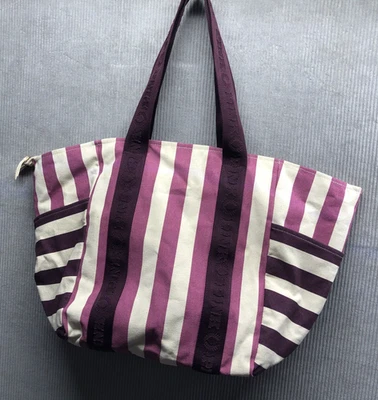 Victoria Secret Tote Bag Purple White Stripe Canvas Zip Closure  - Image 1 of 4
