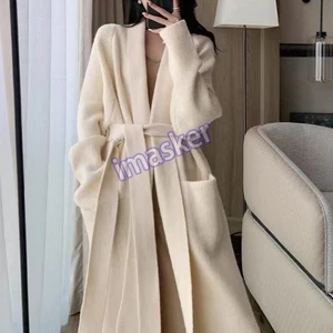 Knitted Cardigan Coat Womens Fashion Loose Belt Wool Cashmere Knitted Shirt - Picture 1 of 19