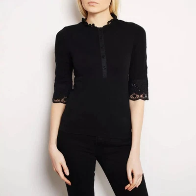 Blusa Wolford Ojales Encaje Negra Top Henley Floral Bordado Manga Codo M Foto 1 de 4