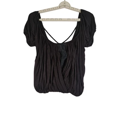 Free People Black Off Braided Back Straps & Lace Detail Boho Blouse Top Womens - Image 1 of 4