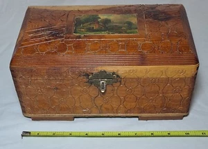 Vintage Embossed Wooden Landscape Jewelry Keepsake Box Mirror - Picture 1 of 11