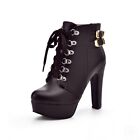 Women's Round Toe High Block Heel Shoes Buckle Strap Lace Up British Ankle Boots