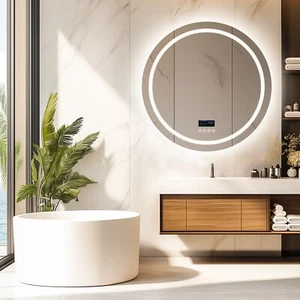 WISFOR Round Lighted LED Mirror Antifog Bluetooth 3 Color Lights Dimmable Mirror - Picture 1 of 15