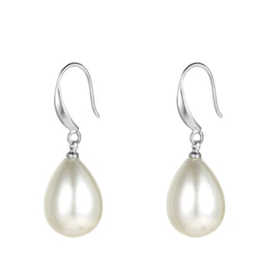 Natural 12x16mm South Sea White Shell Teardrop Pearl Dangle Drop Earrings - Image 1 of 3