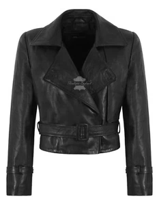 Women's Cropped Trench Coat Classic Lapel Collar Belted Black Leather Jacket - Picture 1 of 6
