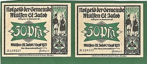 07 039 Notgeld Mülsen St. Jakob 2x 50 Pfg., 2.9. - 30.9.1921 VS Bergleute - Picture 1 of 2