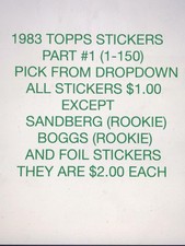 1983 TOPPS STICKERS SINGLES-PART #1(1-150) PICK FROM DROPDOWN $1.00-$2.00 