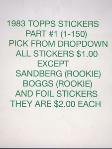 1983 TOPPS STICKERS SINGLES-PART #1(1-150) PICK FROM DROPDOWN $1.00-$2.00 