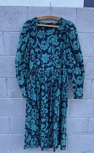 VTG Laura Ashley Corduroy Dress Blue Black Floral Paisley Cottagecore Belted 10 - Picture 1 of 5