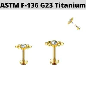 16G 1/4" G23 Gold Titanium Internally Threaded CZ 6 Bead Cluster Ear Rook Labret - Picture 1 of 2