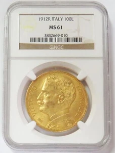 1912 R GOLD ITALY 100 LIRE NGC MINT STATE 61 VITTORIO EMANUELE III - Picture 1 of 3