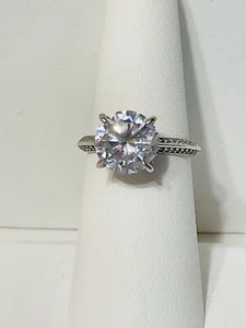 Sterling Silver 925 Round CZ Hidden Halo Engagement Ring Size 7.25 Signed PT - Picture 1 of 10