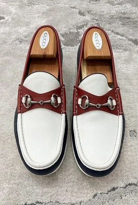 正品古驰银色马位白色/红色/蓝色皮革男式乐福鞋 US9.5 EU43 UK9 — 第 1/4 张图片