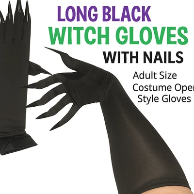 Adult BLACK NAILS WITCH GLOVES 18” Long Dress Plastic Claws Costume Cat Woman - Image 1 of 4