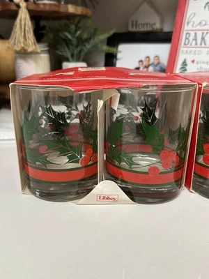 Christmas Set of 4 Libbey Holly & Berry Old Fashioned Tumblers 14 oz USA NOS - Image 1 of 4
