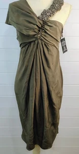 NWT THURLEY 100% Silk Draped Midi Cocktail Dress Taupe Asymmetrical Size 10  - Picture 1 of 17