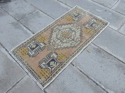 Vintage Turkish Oushak Rug 3.2x1.6 ft | Peach Beige Small Rug - Image 1 of 4