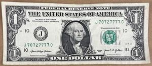 TRINARY Six of Kind LUCKY 🍀 7’s 2021 $1  J 70727777 C Fancy Serial Number - Picture 1 of 2