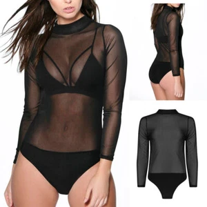 Sexy Women's Long Sleeve High Neck Mesh Bikini Top & Bodysuit Leotard UK6-14 - Picture 1 of 2