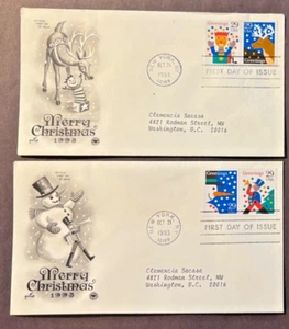 #2791-94 1993 Christmas FDCs on 2 PCS cachets addressed Special Buy - Picture 1 of 1