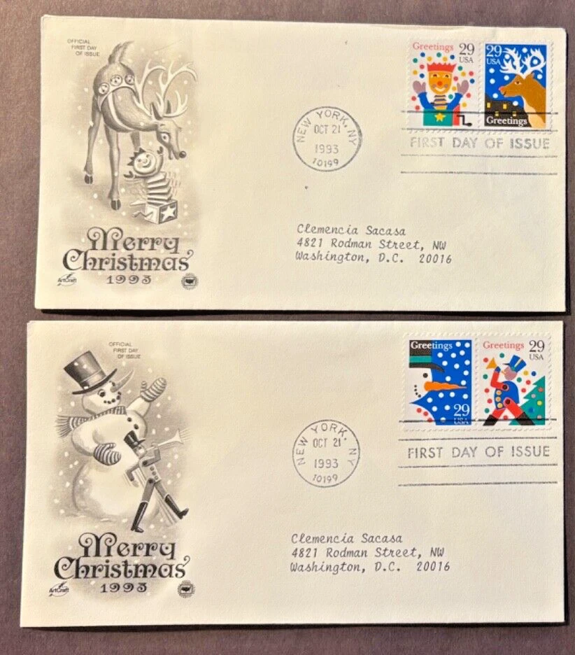 #2791-94 1993 Christmas FDCs on 2 PCS cachets addressed Special Buy - Image 1 of 1