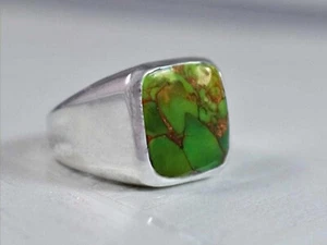 Solid 925 Sterling Silver Natural Green Copper Turquoise Gemstone Men's Ring - Picture 1 of 9