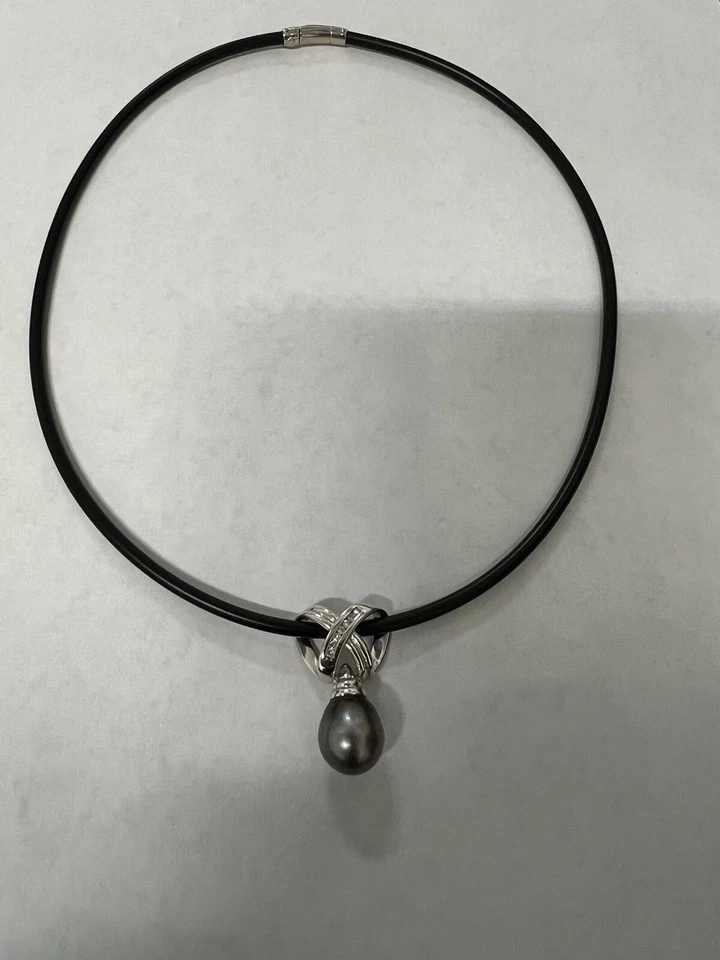 Gargantilla Diamante Perla de Tahití, Oro Blanco 14k 12,75 Gr, en Cordón Italiano DW O,14ct Foto 1 de 3