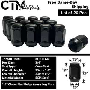 20x 1.4" Tall Black 14x1.5 Bulge Acorn Wheel Lug Nuts 3/4" Hex Fit Ford Lincoln - Picture 1 of 4