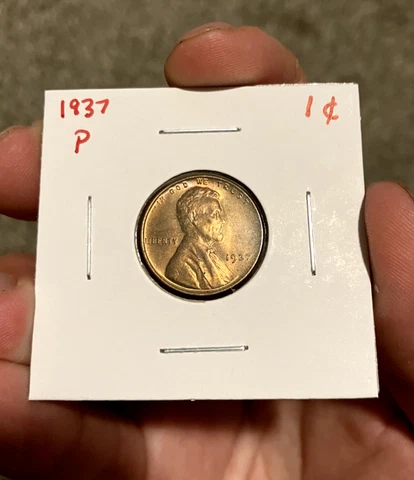 1937 P lincoln cent GEM BU, red with beautiful obv toning see video Low shipping Cover