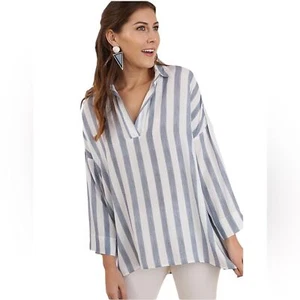 NWT Umgee Blue White Striped V-Neck High Low Tunic Oversized Size Small Reg. $78 - Picture 1 of 10