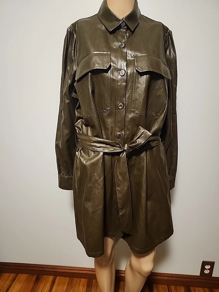 Zara  Green Faux Leather Long Sleeve Mini Dress Belted Size L - Image 1 of 4