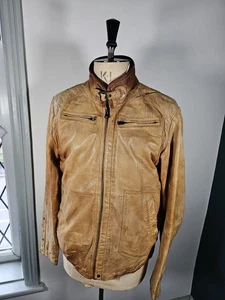 G Star Brando Leather Jacket Men's XL Cafe Racer Tan Brown Faded Biker - Picture 1 of 22