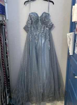 Ladivine by Cinderella Divine bluish gray off shoulder prom dress - Image 1 of 4