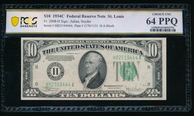 AC 1934C $10 Saint Louis FRN PCGS 64 PPQ Fr 2008-H - Image 1 of 2